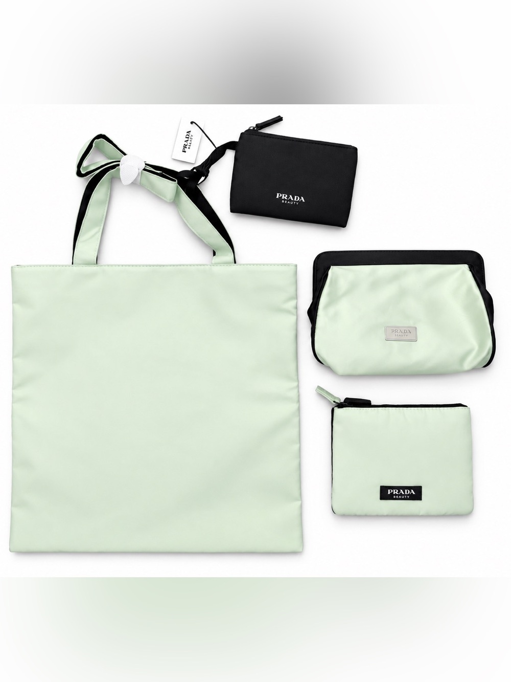 NWT Prada Beauty Reversible Tote 4 Piece Set Mint Green Black Pouches